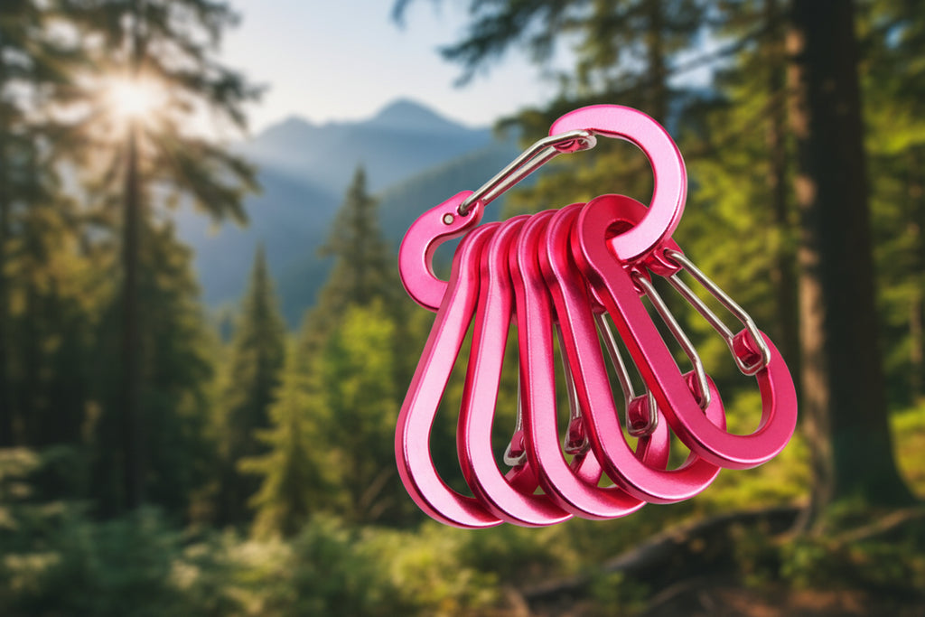 Set of six rose red carabiners on a white background - offered by the best hiking store in New York, The Adirondack Tool Company
