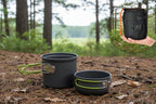 Camping cookware set with pots and a carrying pouch on a white background - offered by the best hiking and camping gear store in Buffalo, New York, The Adirondack Tool Co. 