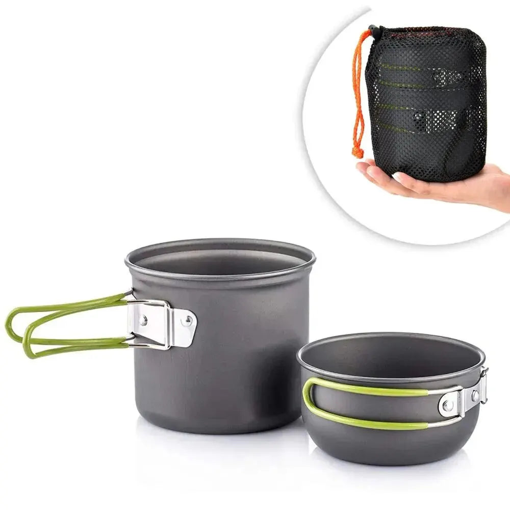 Camping cookware set with pots and a carrying pouch on a white background - offered by the best hiking and camping gear store in Buffalo, New York, The Adirondack Tool Co. 