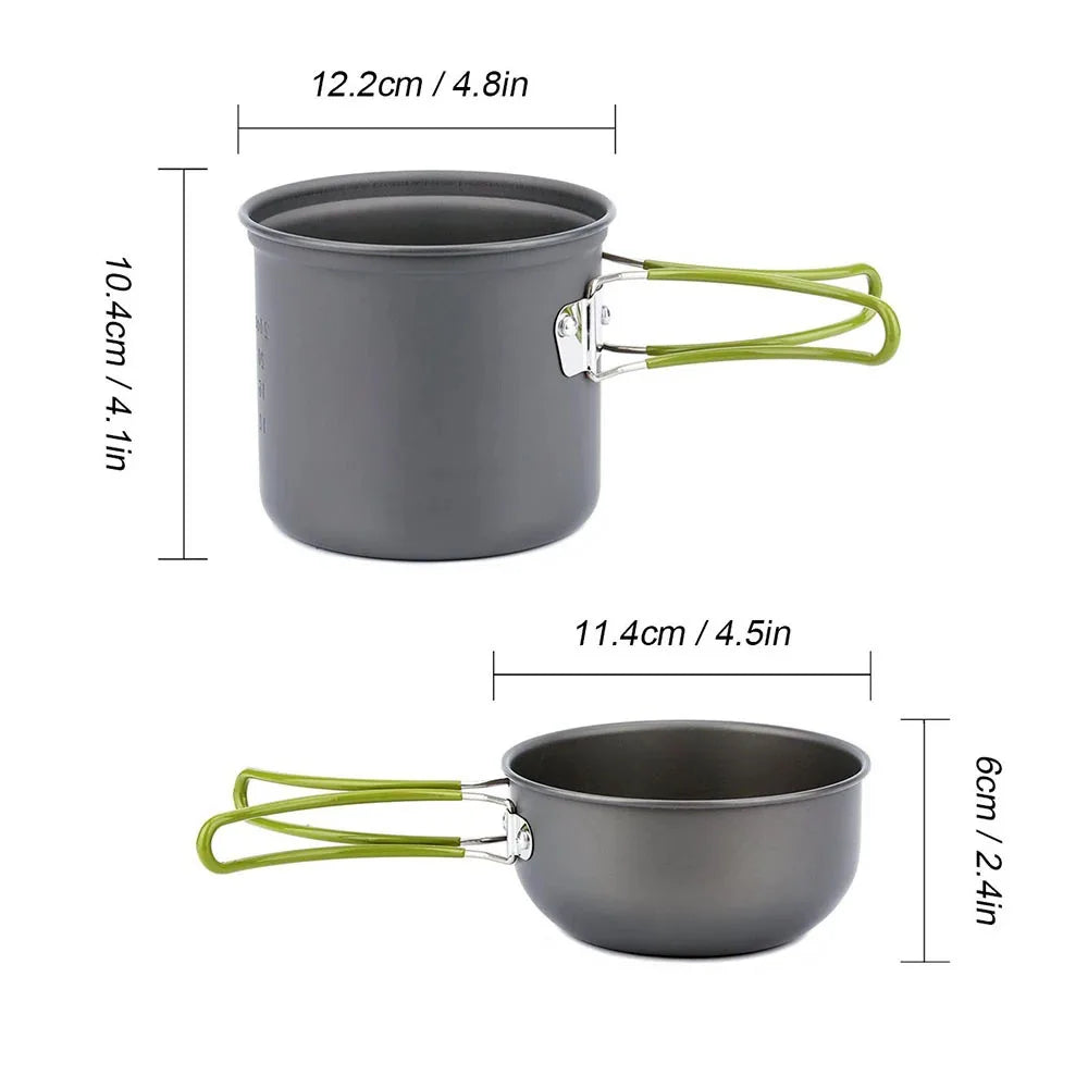 Two gray camping pots with green handles and measurements on a white background - offered by the best hiking and camping gear store in Buffalo, New York, The Adirondack Tool Co. 