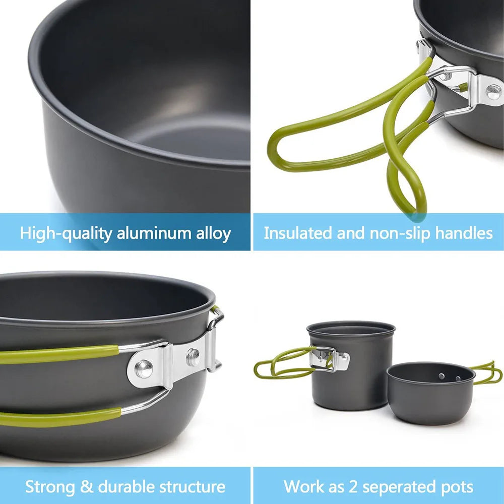 Collage of camping cookware with features highlighted on a white background - offered by the best hiking and camping gear store in Buffalo, New York, The Adirondack Tool Co. 