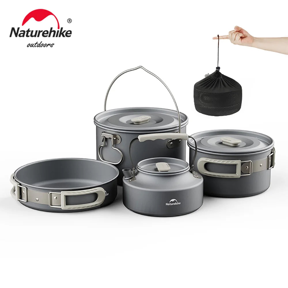 Set of gray camping cookware with carrying bag on a white background, featuring Naturehike brand - offered by the best camping gear store in New York, The Adirondack Tool Company