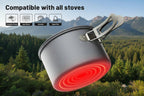 An aluminum pot with foldable handles with display showing its compatibility with certain heating mechanisms - offered by the best camping gear store in New York, The Adirondack Tool Company