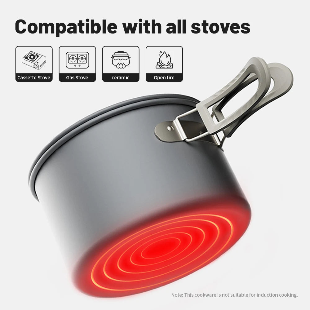An aluminum pot with foldable handles with display showing its compatibility with certain heating mechanisms - offered by the best camping gear store in New York, The Adirondack Tool Company