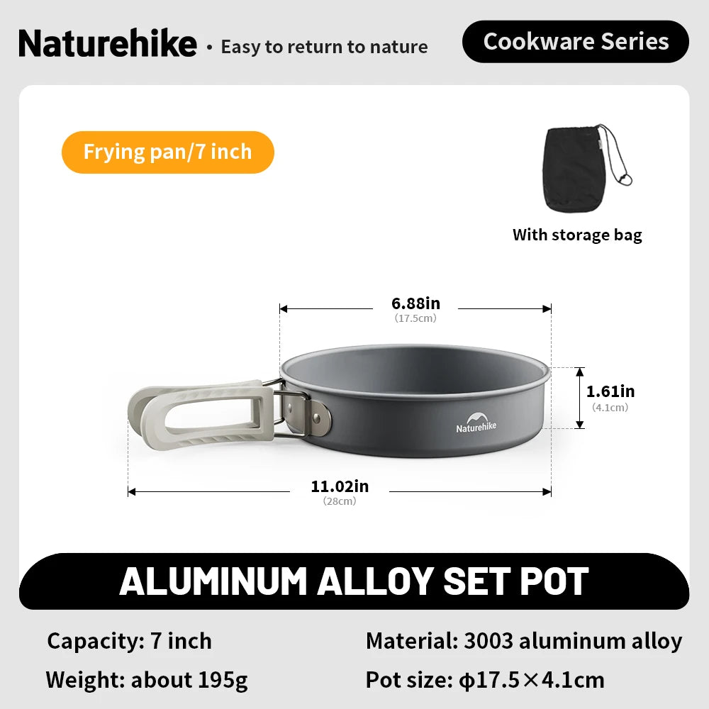 Aluminum alloy camping cookware pot with dimensions and features on a gray background - offered by the best camping gear store in New York, The Adirondack Tool Company