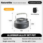 Camping cookware: aluminum alloy set pot with dimensions and features on a gray background - offered by the best camping gear store in New York, The Adirondack Tool Company