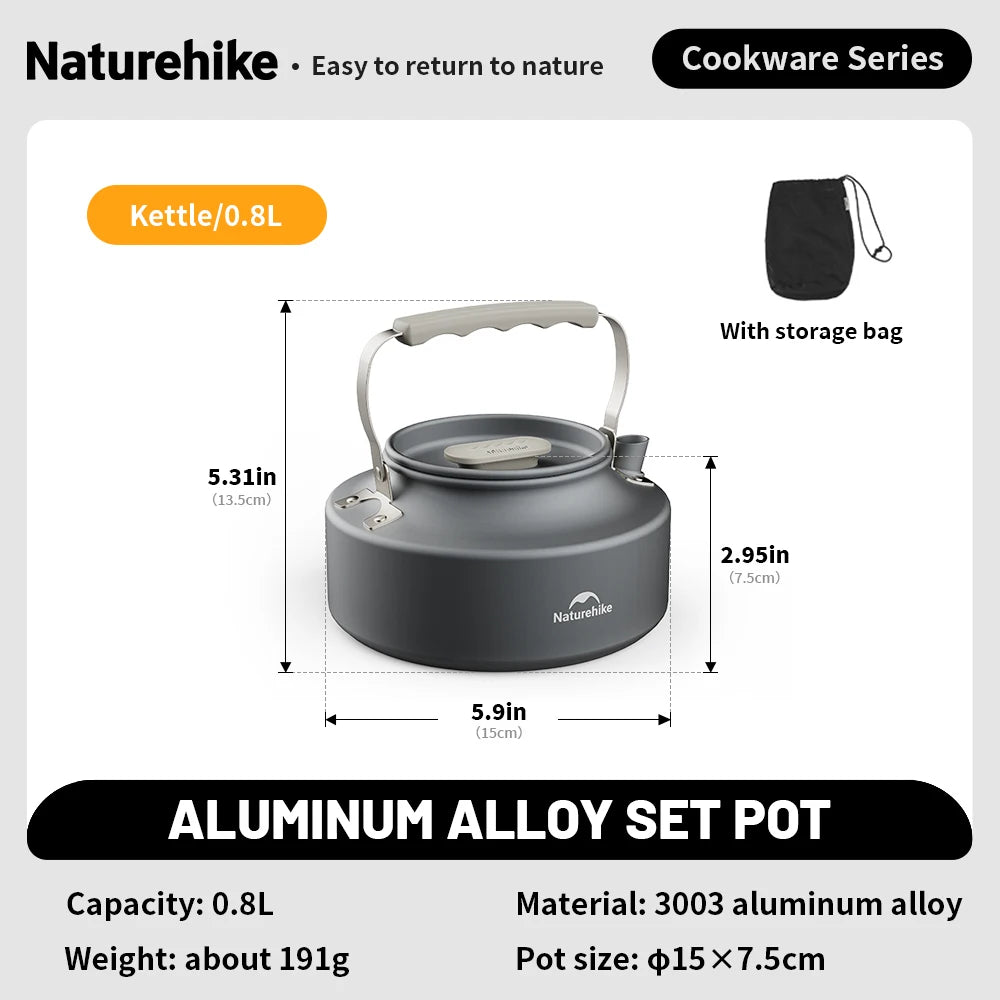 Camping cookware: aluminum alloy set pot with dimensions and features on a gray background - offered by the best camping gear store in New York, The Adirondack Tool Company