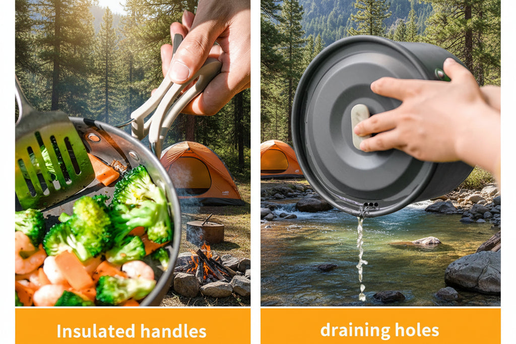Images showing the use of aluminum camping pots with description of features including insulated handles and drain holes - offered by the best camping gear store in New York, The Adirondack Tool Company