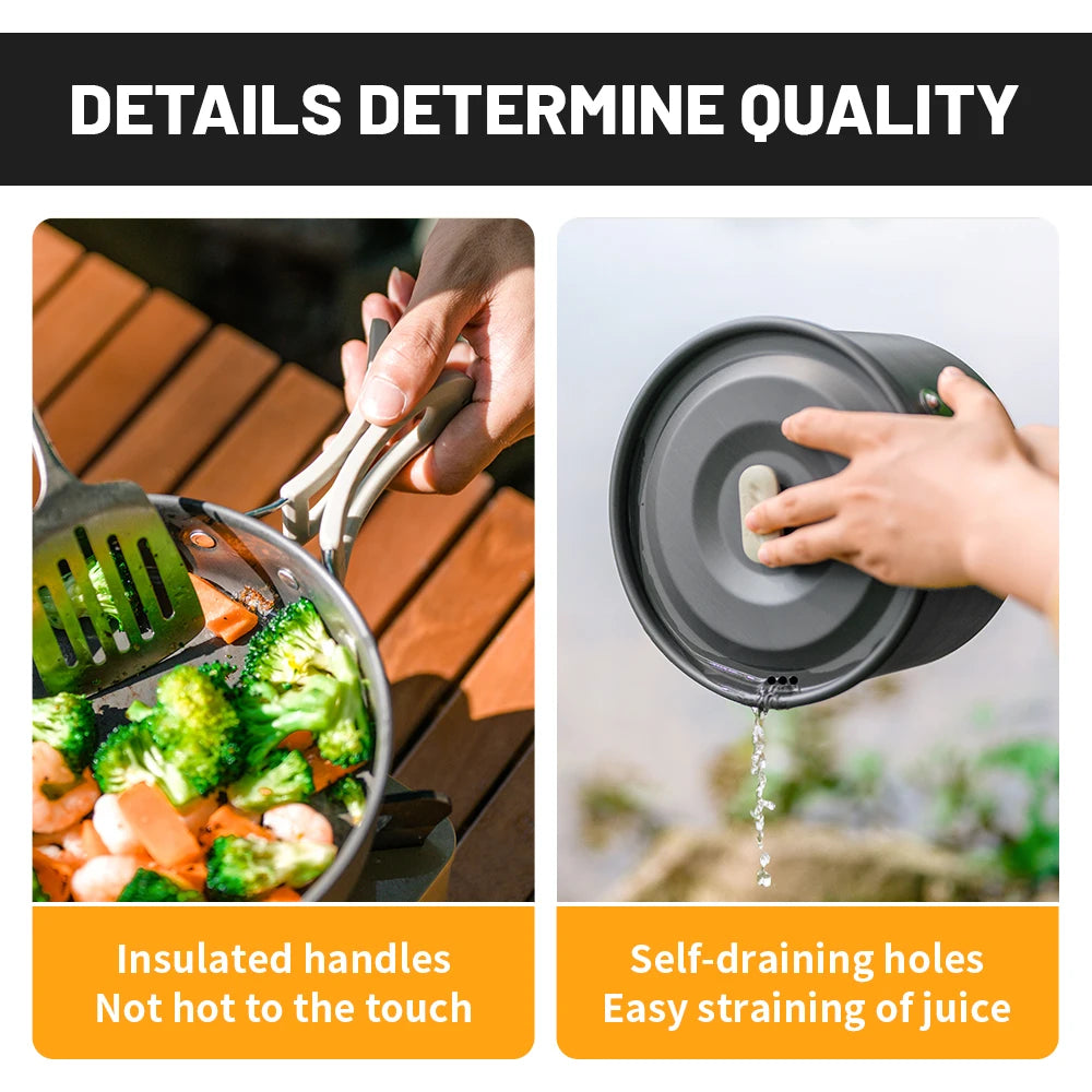 Images showing the use of aluminum camping pots with description of features including insulated handles and drain holes - offered by the best camping gear store in New York, The Adirondack Tool Company