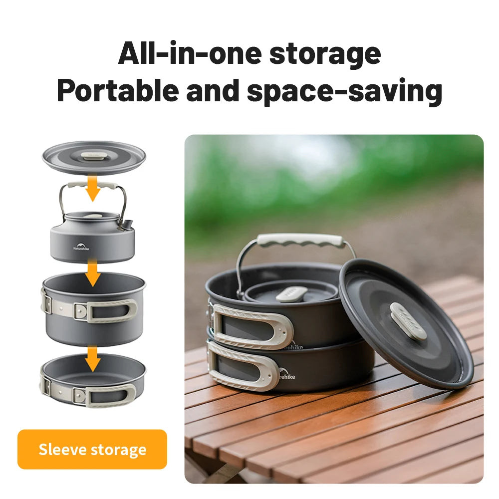 Portable cookware set with stackable design on a wooden surface, featuring text about storage and portability - offered by the best camping gear store in New York, The Adirondack Tool Company