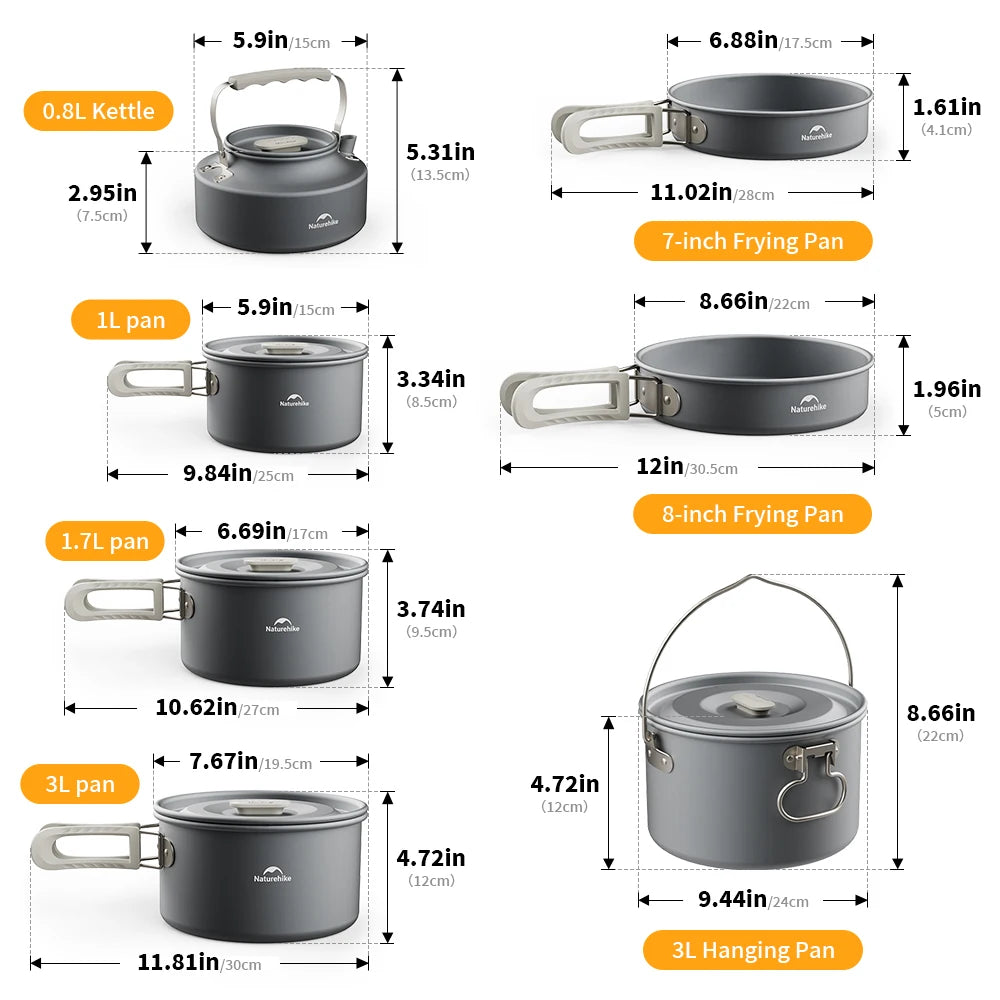 Measurement chart of camping cookware including kettles, frying pans, and pots with dimensions - offered by the best camping gear store in New York, The Adirondack Tool Company