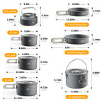 Measurement chart of camping cookware including kettles, frying pans, and pots with dimensions - offered by the best camping gear store in New York, The Adirondack Tool Company