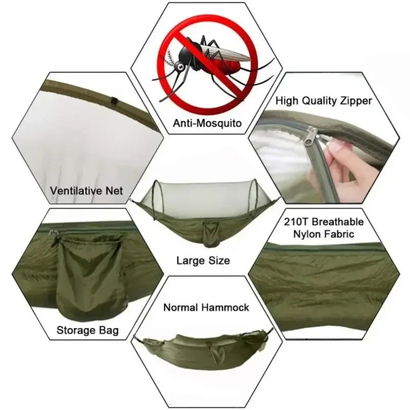 Green mosquito net hammock with features highlighted on a white background - offered by the best camping gear store in West Virginia, The Adirondack Tool Co.