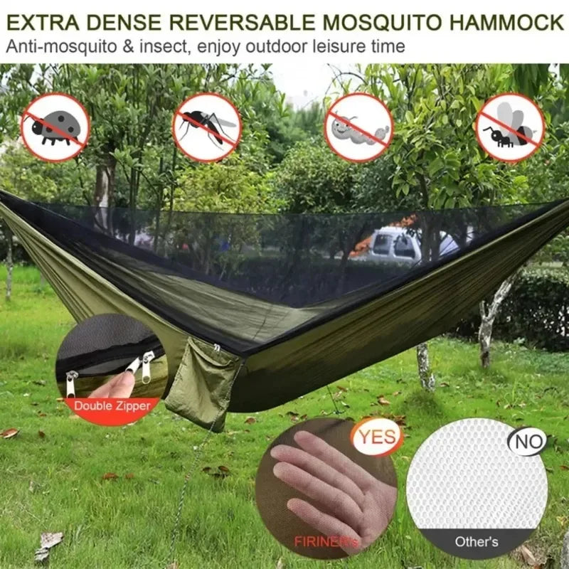 Extra dense reversible mosquito net hammock with features highlighted on a green outdoor background - offered by the best camping gear store in West Virginia, The Adirondack Tool Co.