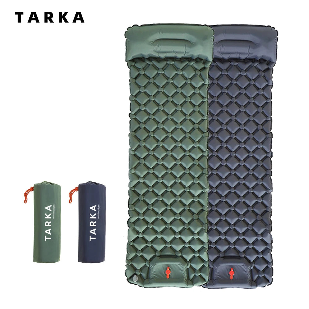 Two inflatable sleeping pads with carrying bags on a white background, featuring the Tarka brand but offered by The Adirondack Tool Co.