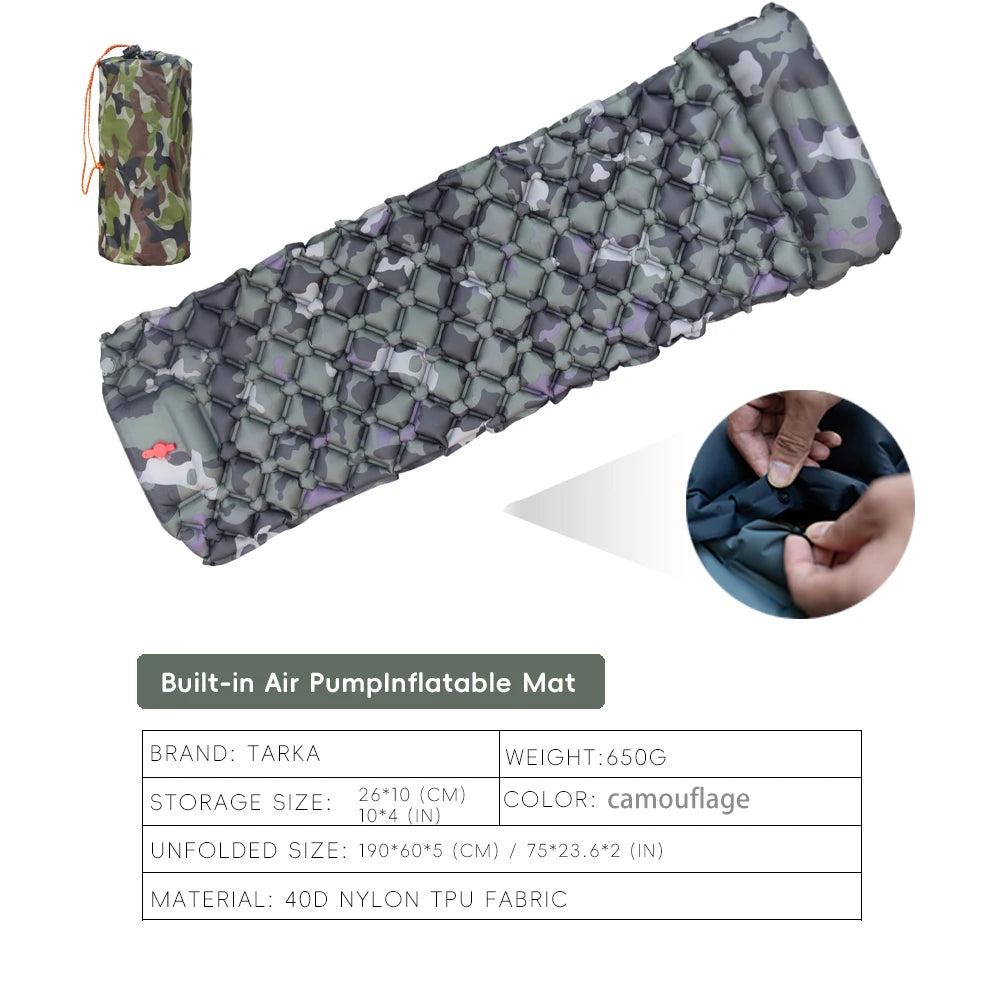 Camouflage inflatable camping mat with storage bag and product details on a white background - offered by the Adirondack Tool Co.