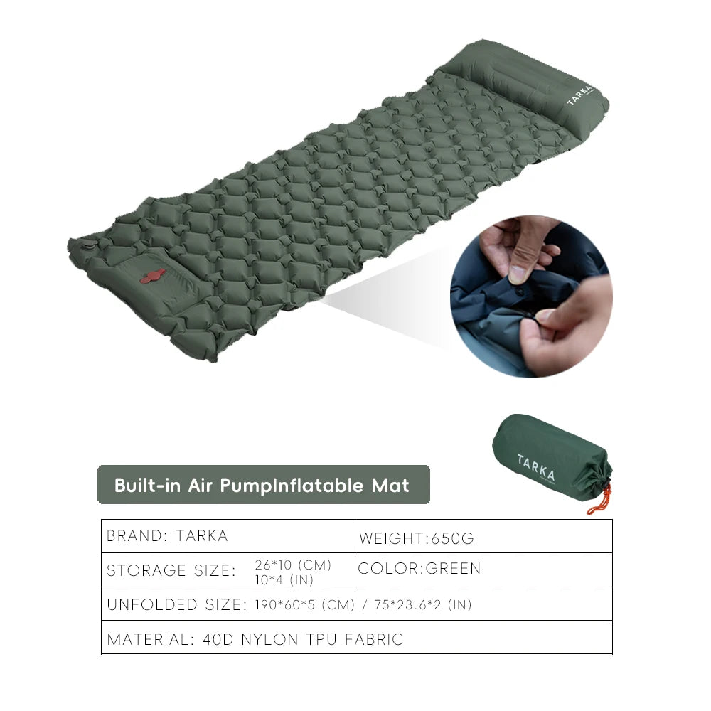 Green inflatable camping mat with pump and product details on a white background from The Adirondack Tool Co. 