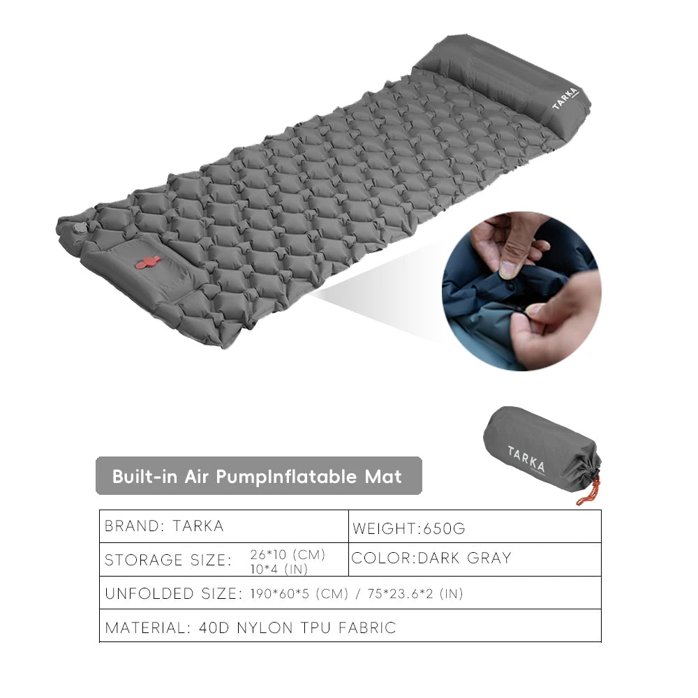Gray inflatable camping mat with built-in air pump, brand 'Tarka' displayed, from The Adirondack Tool Co. 