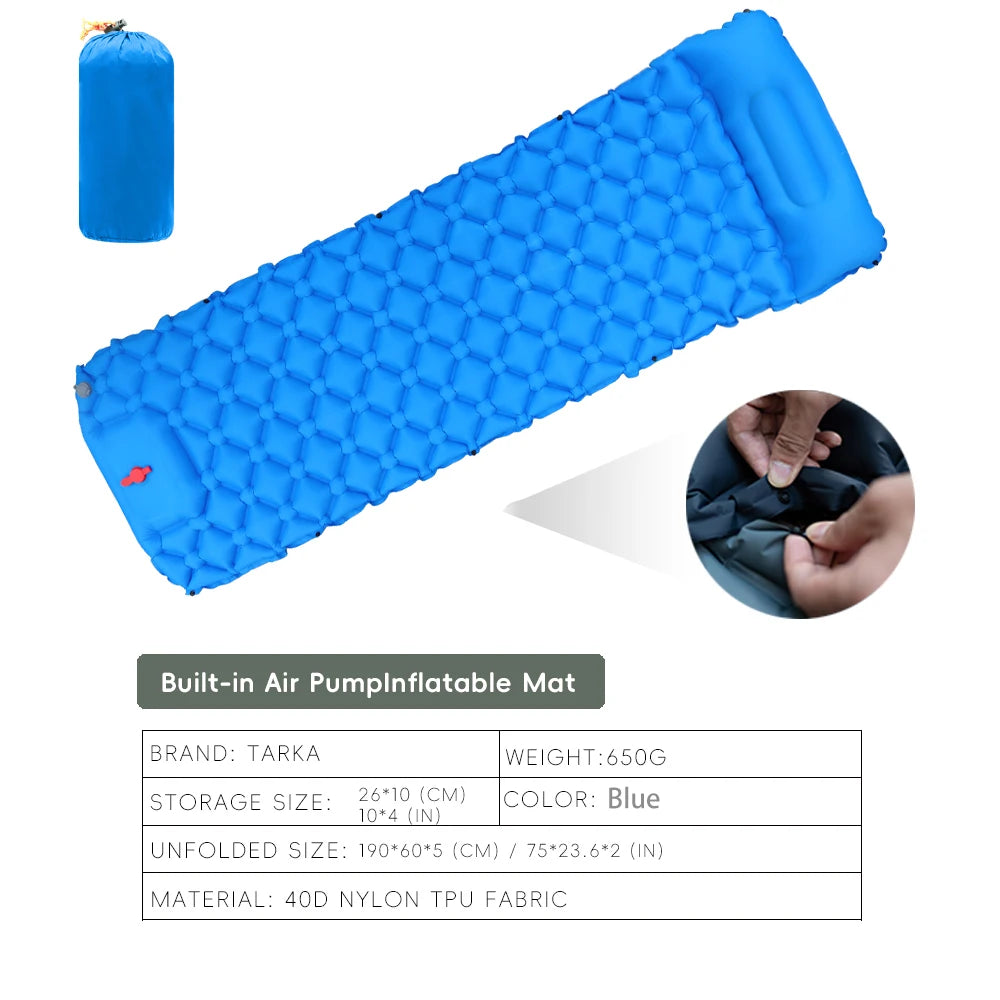 Blue inflatable camping mat with packaging and inflation process on a white background - offered by the Adirondack Tool Co.