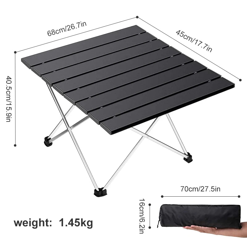 Black folding camping table with dimensions and weight displayed - offered by the best camping, hiking, and climbing gear store in Conway, New Hampshire, The Adirondack Tool Co.