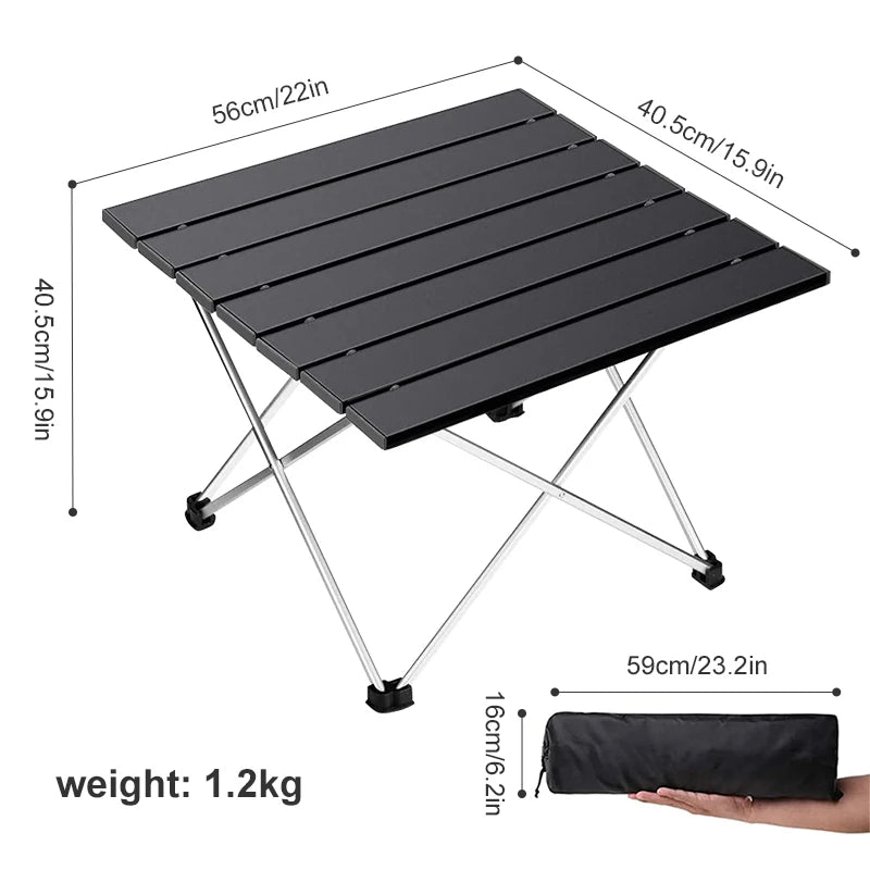Black folding table with measurements and weight displayed on a white background - offered by the best camping, hiking, and climbing gear store in Conway, New Hampshire, The Adirondack Tool Co.