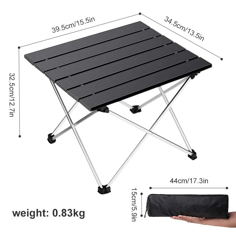 Black folding table with dimensions and weight displayed on a white background - offered by the best camping, hiking, and climbing gear store in Conway, New Hampshire, The Adirondack Tool Co.