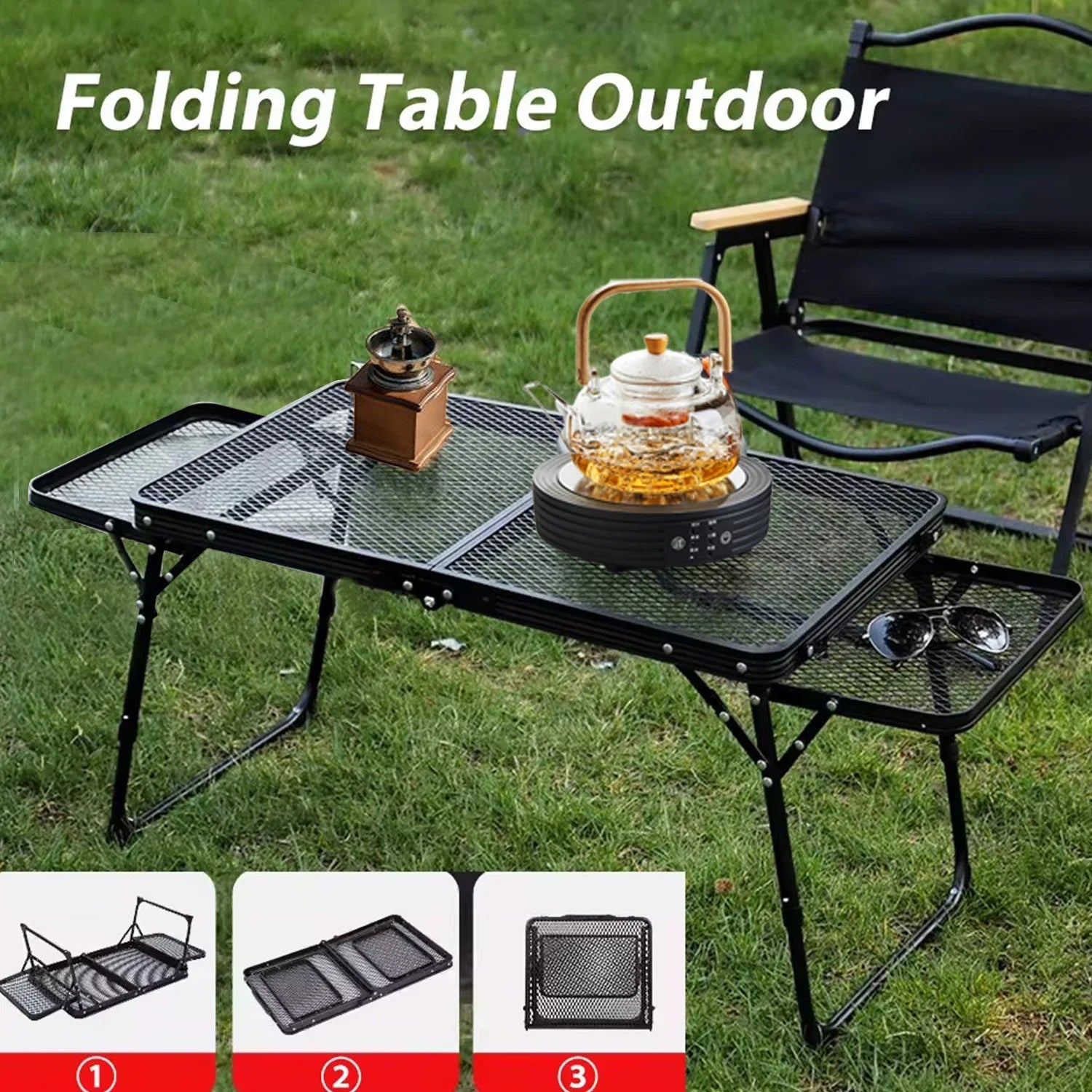 Folding table outdoor with black steel mesh surface on grass - offered by the most trusted outdoor gear and tool company in Boston, The Adirondack Tool Co.