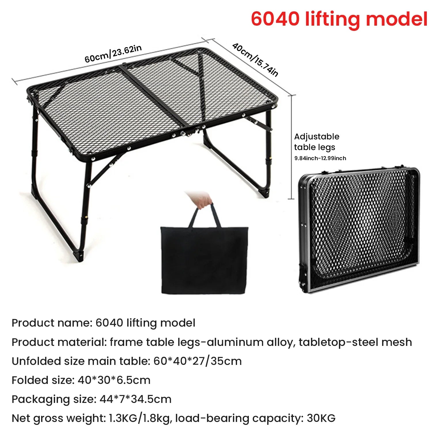 folding aluminum camping table with dimensions and features on a white background - offered by the most trusted outdoor gear and tool company in Boston, The Adirondack Tool Co.