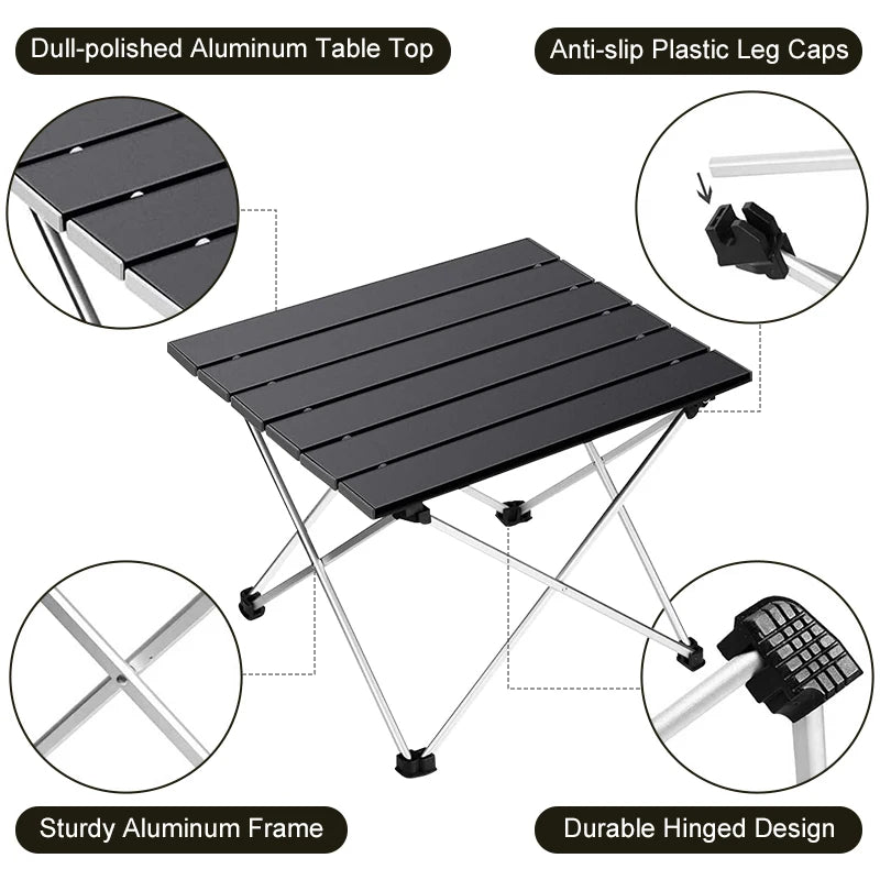 Black camping table with features highlighted on a white background - offered by the best camping, hiking, and climbing gear store in the New England region, The Adirondack Tool Co.