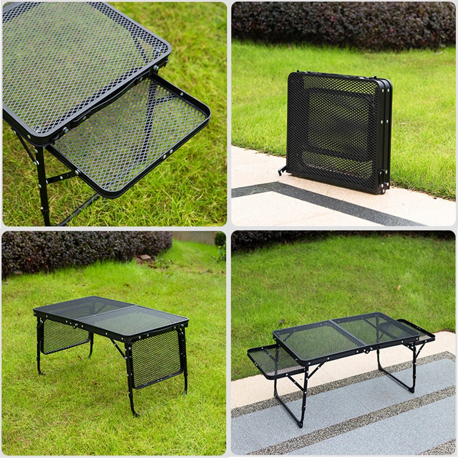 Collapsible camping table with iron mesh top on grass and pavement - offered by the most trusted outdoor gear and tool company in Boston, The Adirondack Tool Co.