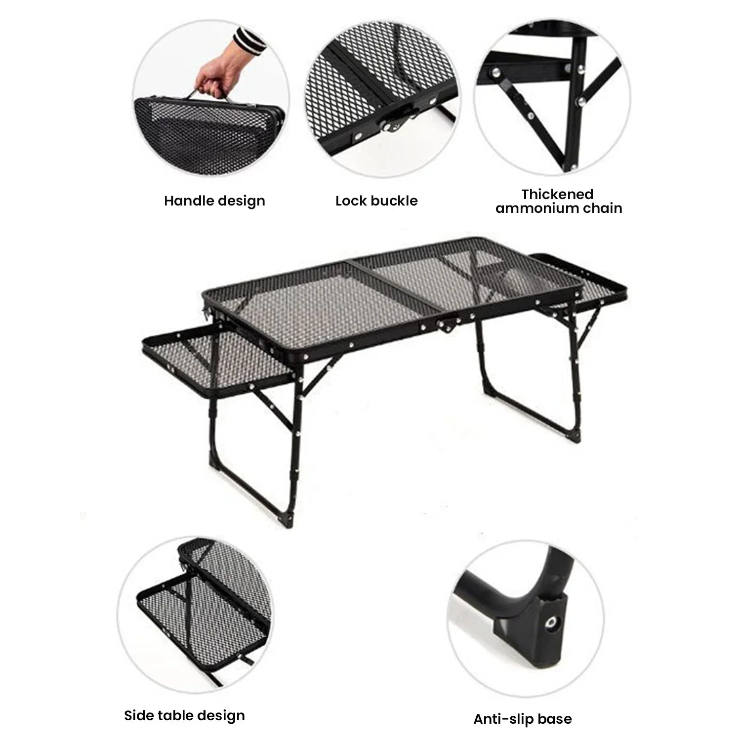 Black folding camping table with features highlighted on a white background - offered by the most trusted outdoor gear and tool company in Boston, The Adirondack Tool Co.