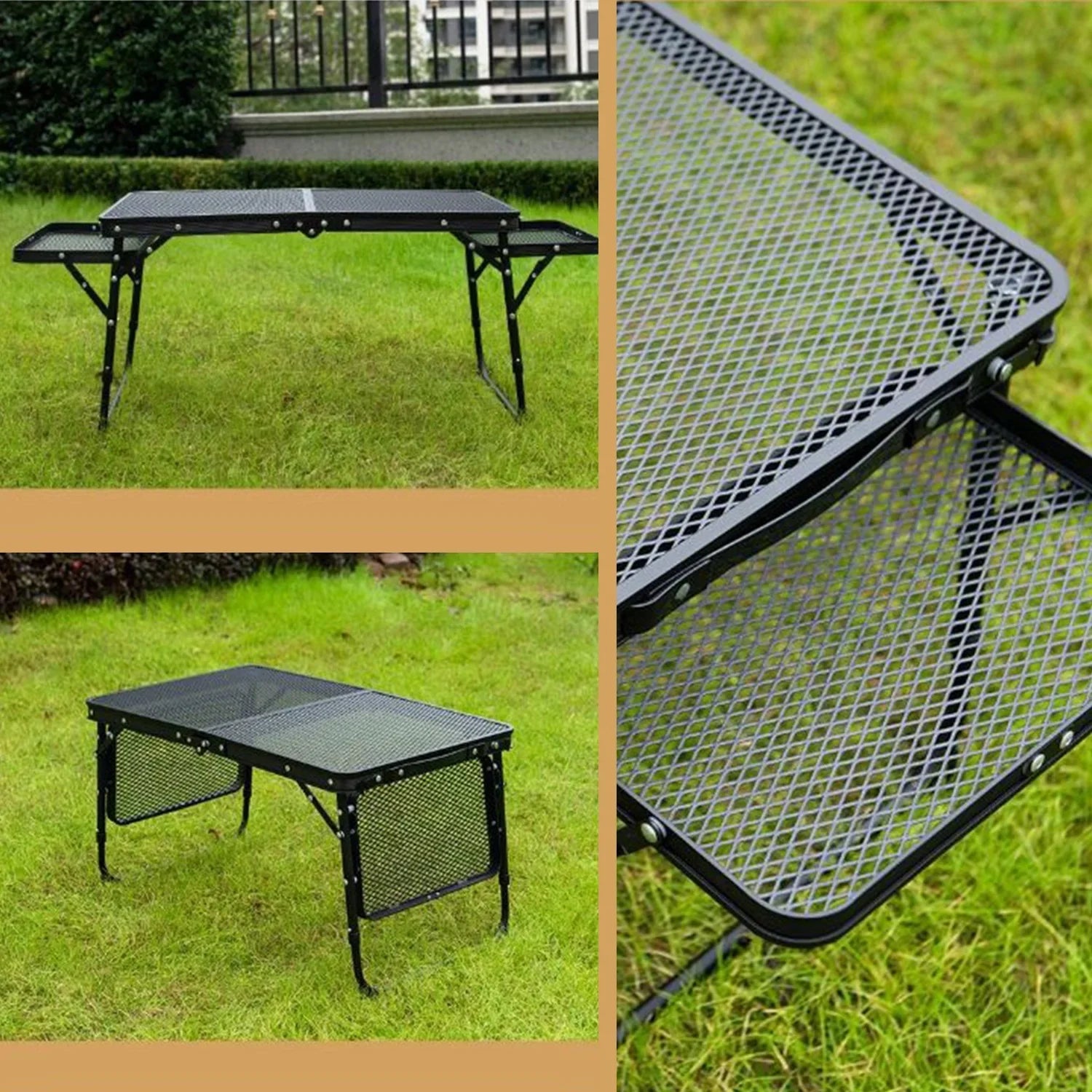 Collapsible camping table with mesh top on grass - offered by the most trusted outdoor gear and tool company in Boston, The Adirondack Tool Co.