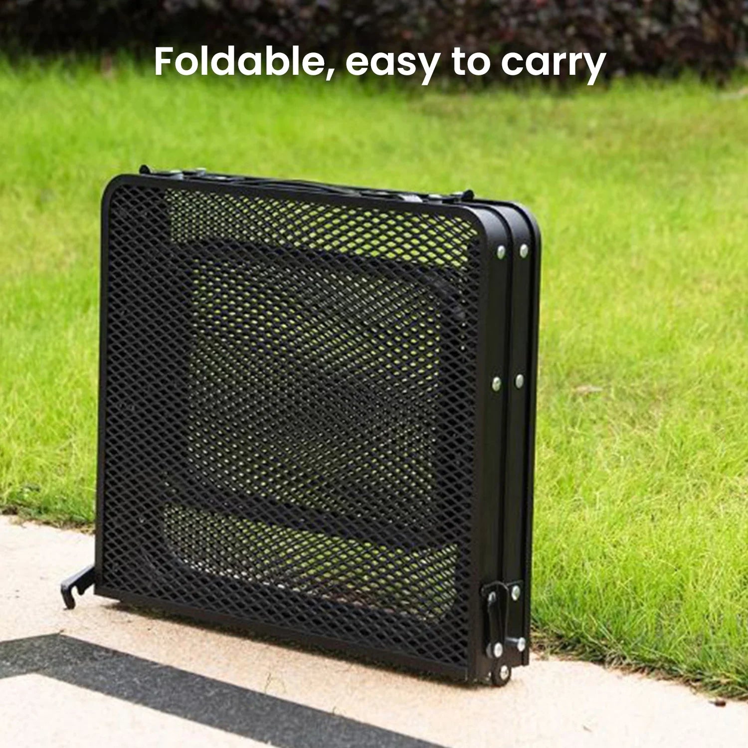 Foldable camping table on a grassy background with text 'Foldable, easy to carry' - offered by the most trusted outdoor gear and tool company in Boston, The Adirondack Tool Co.