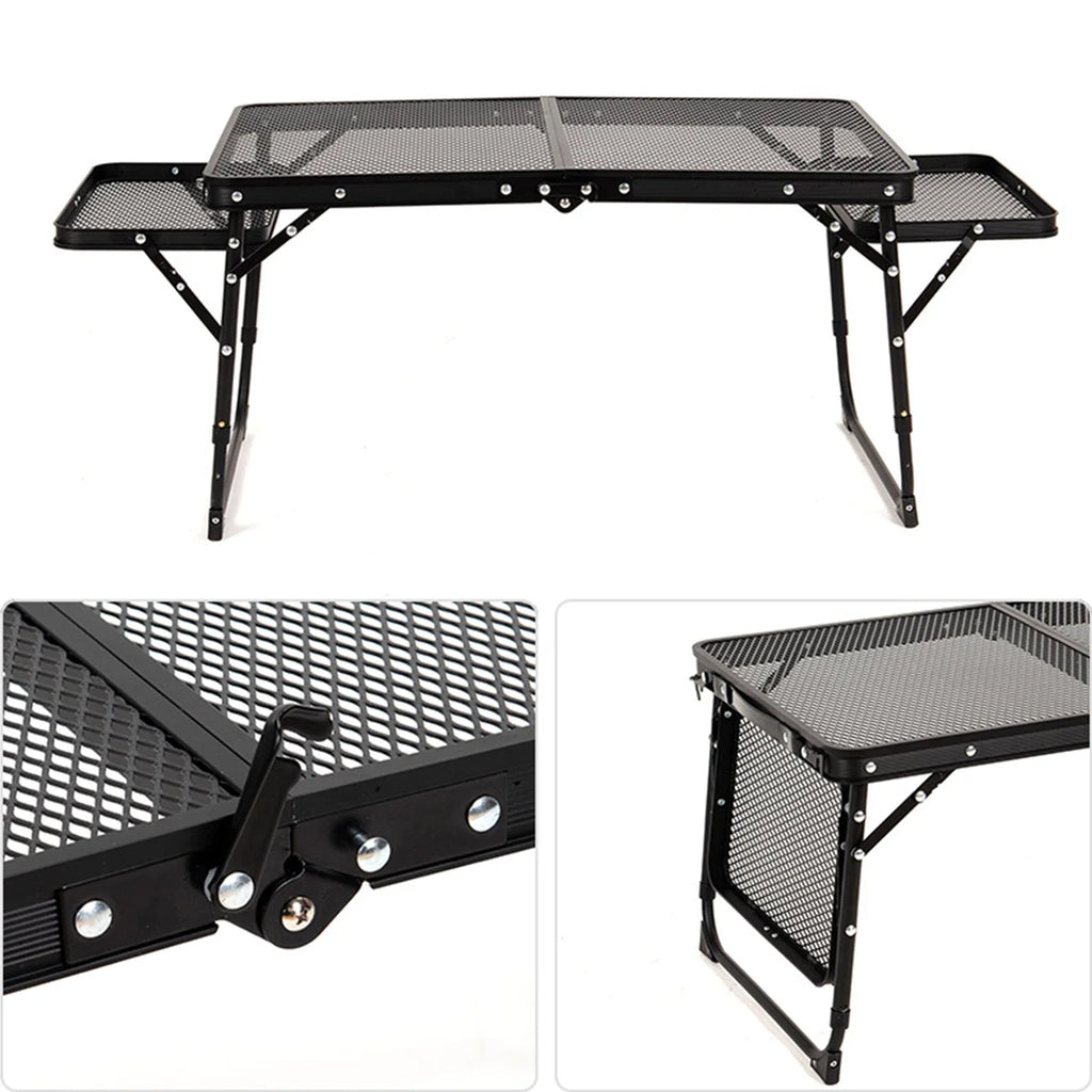 Black metal folding camping table with mesh top on a white background - offered by the most trusted outdoor gear and tool company in Boston, The Adirondack Tool Co.