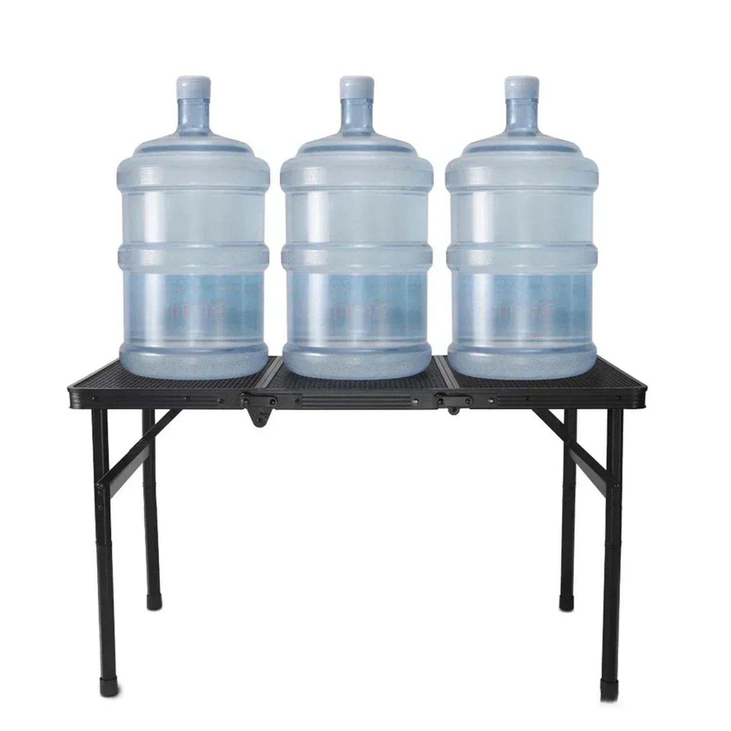 Three large water jugs on a black folding camping table against a white background - offered by the most trusted outdoor gear and tool company in Boston, The Adirondack Tool Co.