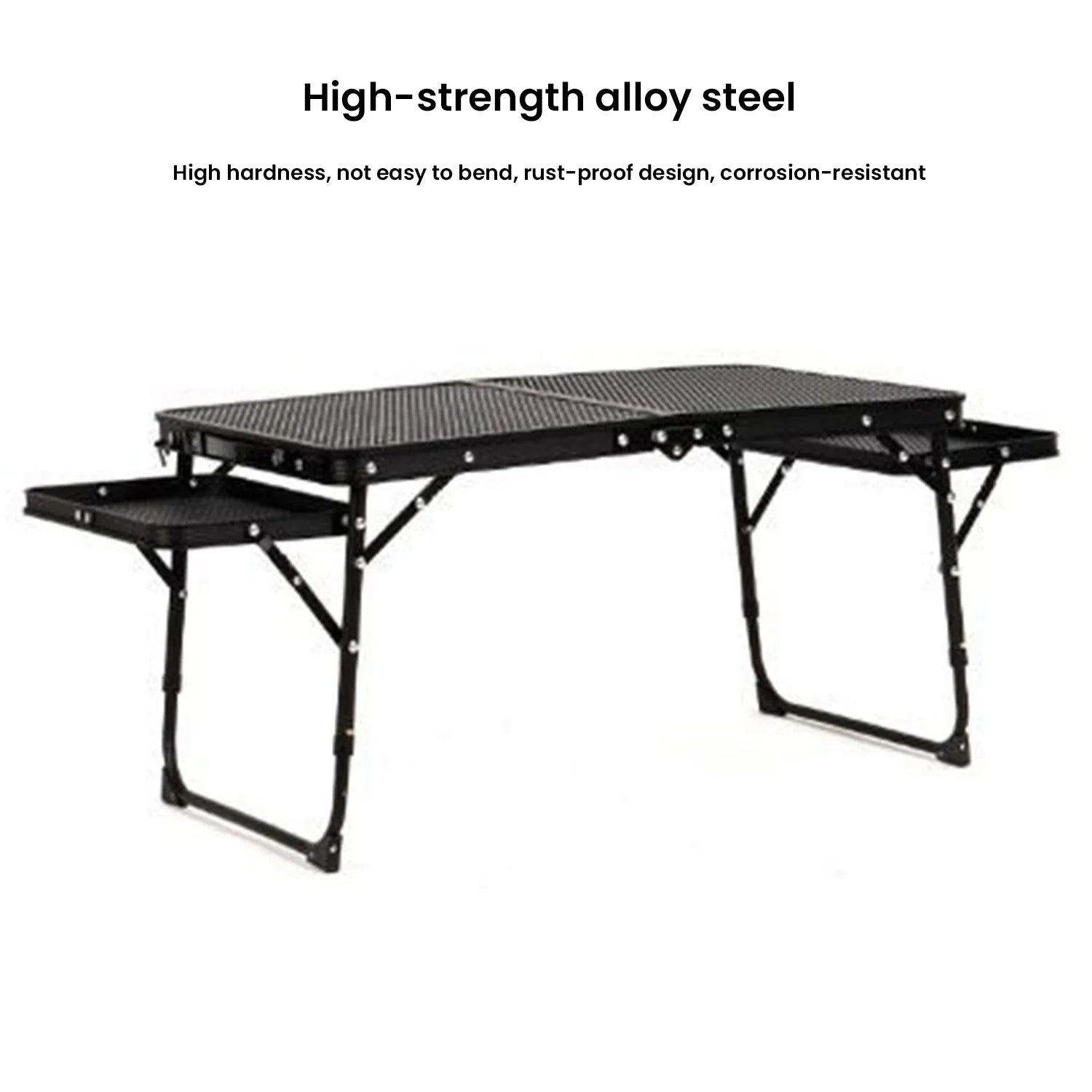 Black folding camping table with high-strength alloy steel features on a white background - offered by the most trusted outdoor gear and tool company in Boston, The Adirondack Tool Co.