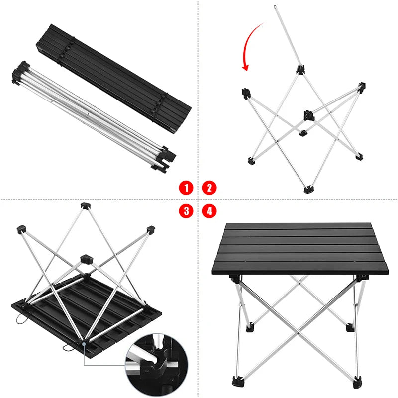 Collapsible camping table with assembly instructions on a white background - offered by the best camping, hiking, and climbing gear store in the New England region, The Adirondack Tool Co.