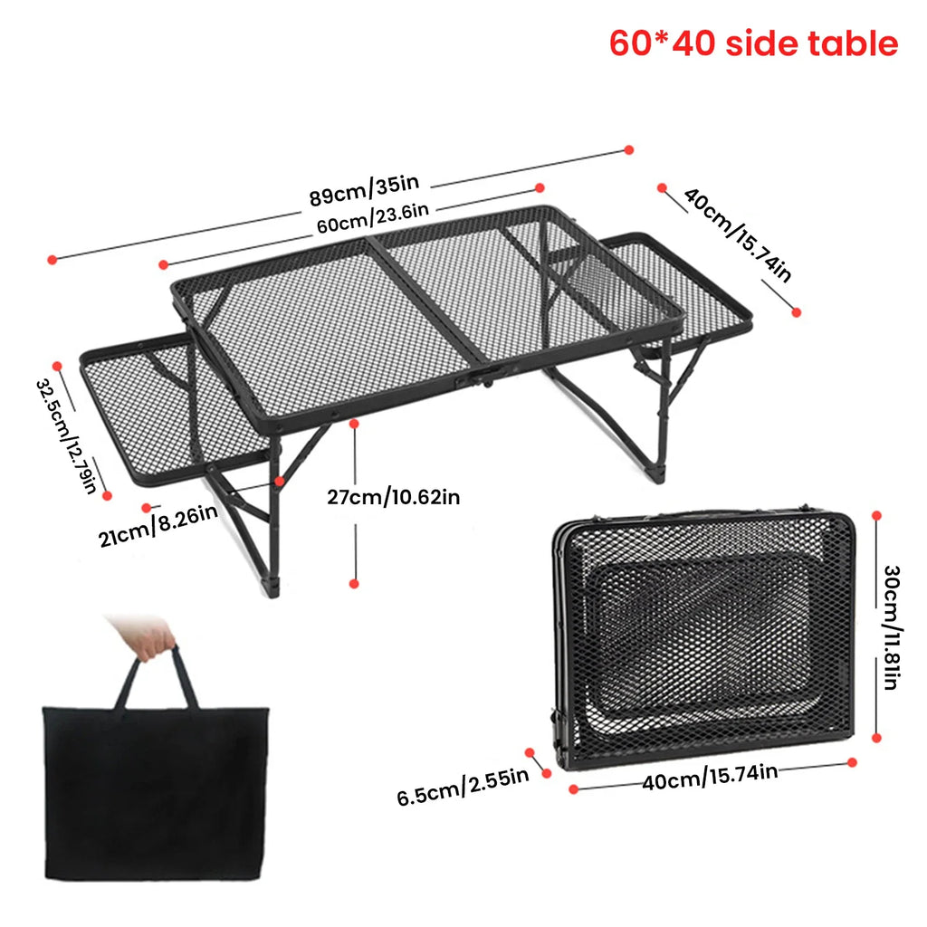 Folding large camping table with dimensions and a carrying bag shown below - offered by the most trusted outdoor gear and tool company in Boston, The Adirondack Tool Co.