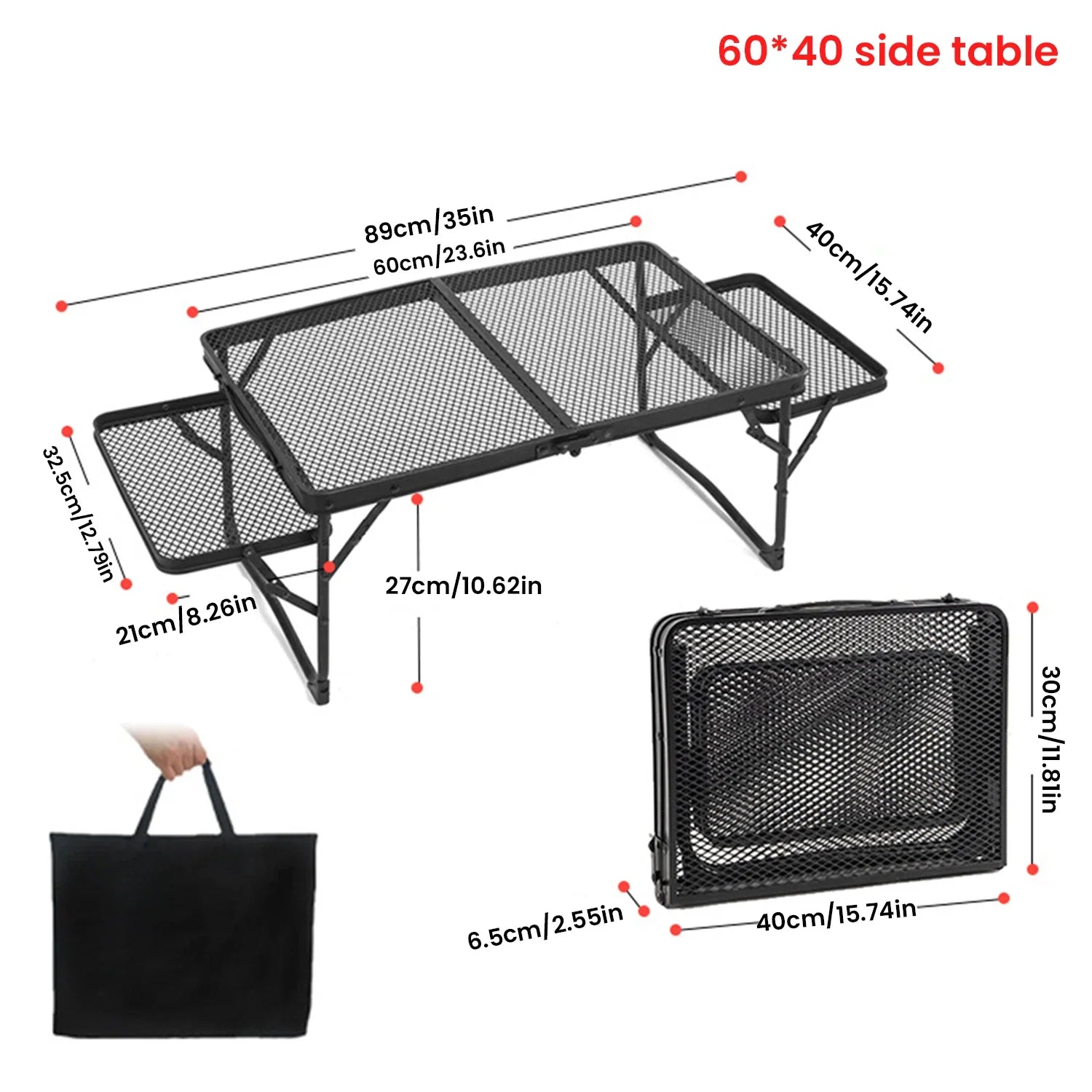 Folding large camping table with dimensions and a carrying bag shown below - offered by the most trusted outdoor gear and tool company in Boston, The Adirondack Tool Co.