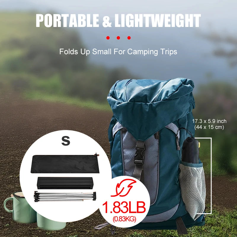 Blue backpack with a foldable camping table and text highlighting its portability and weight - offered by the best camping, hiking, and climbing gear store in the New England region, The Adirondack Tool Co.