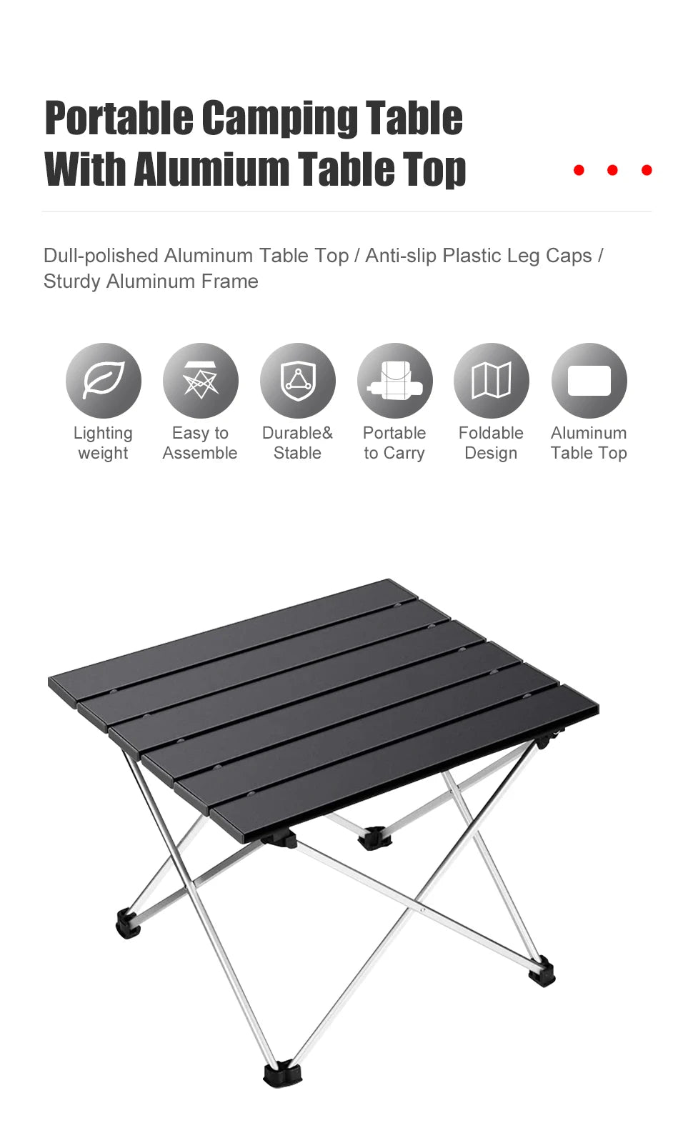 Portable camping table with aluminum tabletop on a white background- offered by the best camping, hiking, and climbing gear store in the New England region, The Adirondack Tool Co.