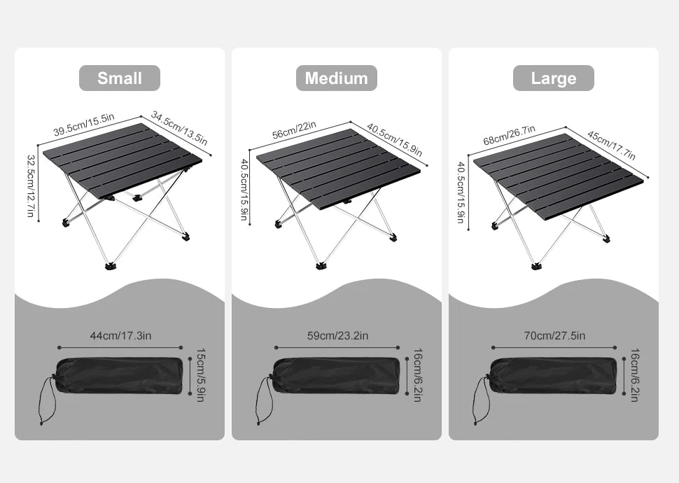 Comparison chart of three sizes of portable folding camping tables with dimensions labeled - offered by the best camping, hiking, and climbing gear store in the New England region, The Adirondack Tool Co.