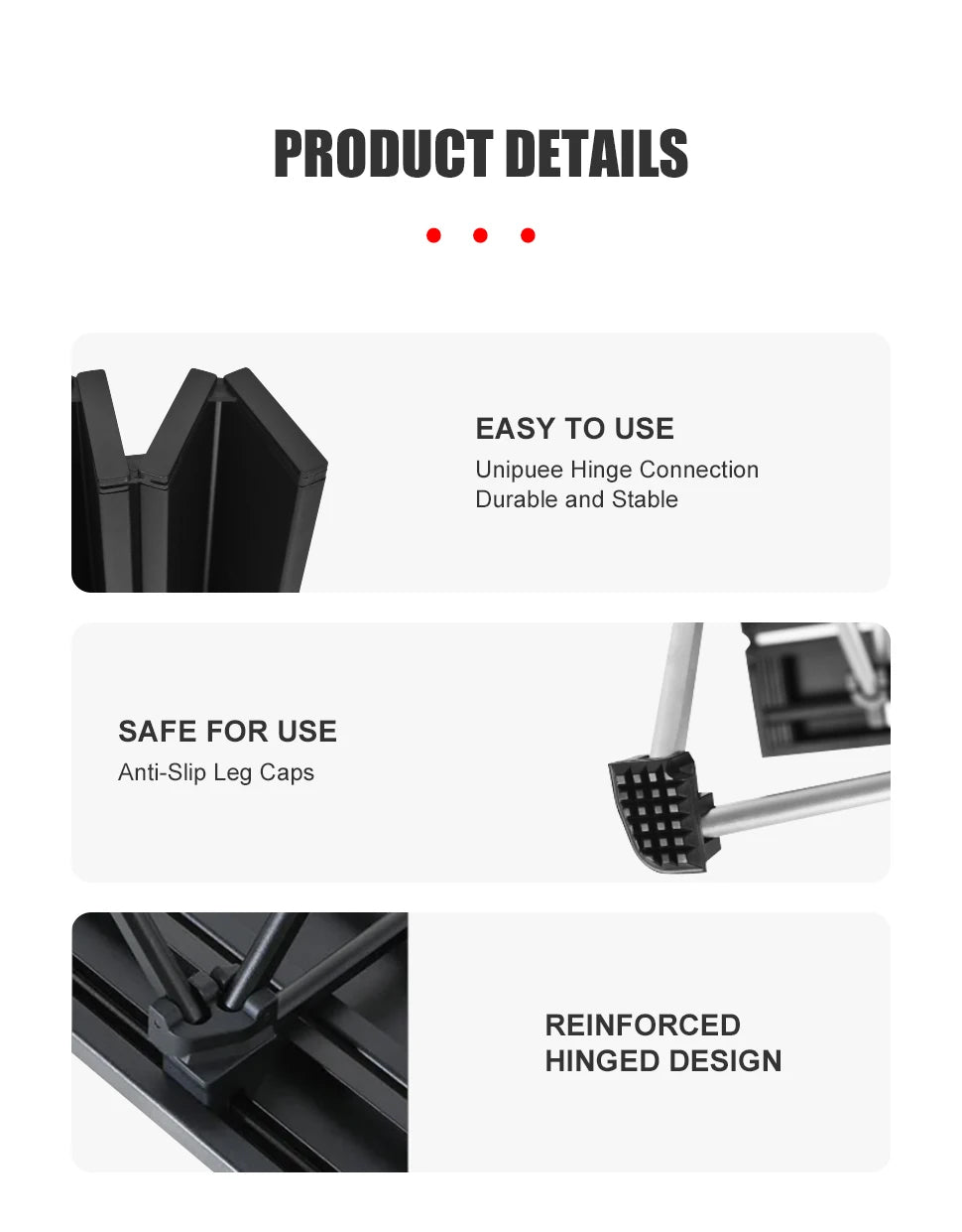 Product details of a camping table with a stable and safe stand with text on a white background - offered by the best camping, hiking, and climbing gear store in Conway, New Hampshire, The Adirondack Tool Co.