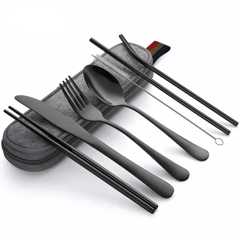 Black stainless-steel camping cutlery set with travel case on a white background - offered by the best camping and hiking gear store in the United States, The Adirondack Tool Co.