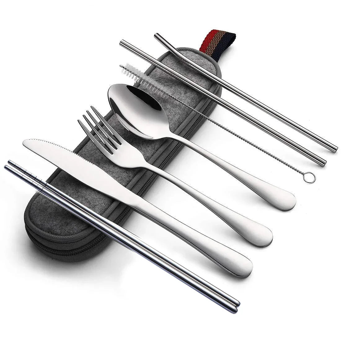 Stainless steel camping cutlery set with straws and case on a white background - offered by the best camping and hiking gear store in the United States, The Adirondack Tool Co.