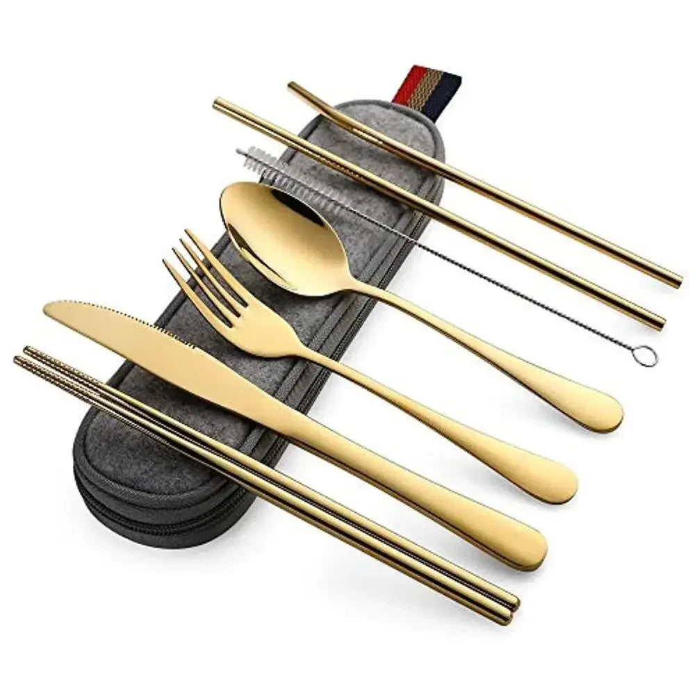 Gold camping cutlery set with chopsticks and a case on a white background - offered by the best camping and hiking gear store in the United States, The Adirondack Tool Co.