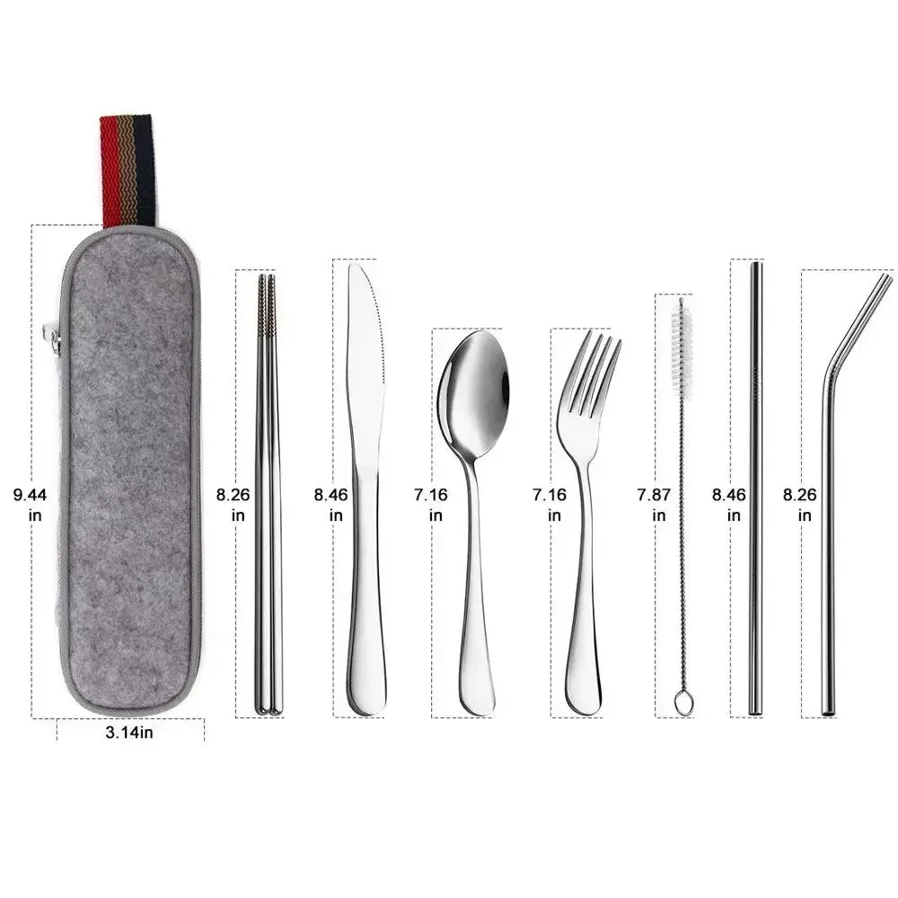 Set of silver camping cutlery with case and straws, shown with measurements on a white background - offered by the best camping and hiking gear store in the United States, The Adirondack Tool Co.