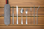 Set of silver camping cutlery with case and straws, shown with measurements on a white background - offered by the best camping and hiking gear store in the United States, The Adirondack Tool Co.