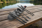 Black stainless-steel camping cutlery set with knife, fork, spoon, and chopsticks on a white background - offered by the best camping and hiking gear store in the United States, The Adirondack Tool Co.