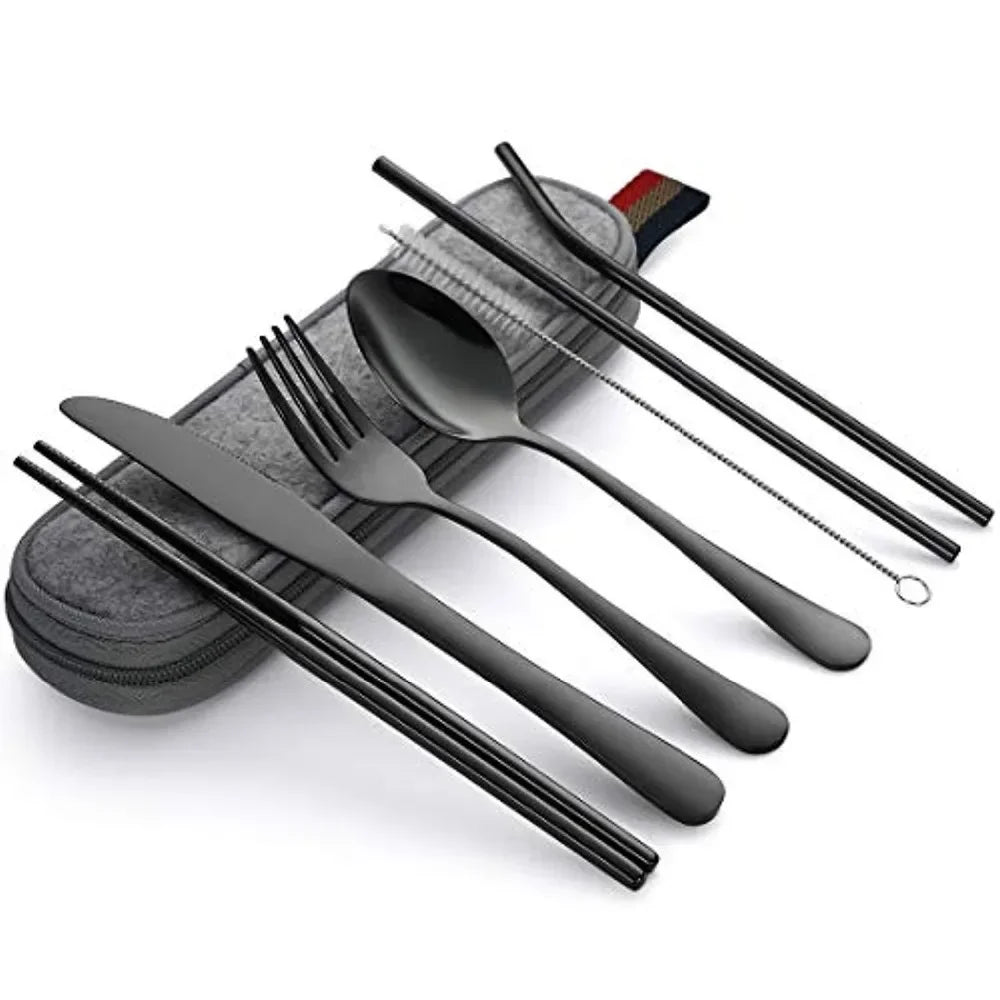 Black stainless-steel camping cutlery set with knife, fork, spoon, and chopsticks on a white background - offered by the best camping and hiking gear store in the United States, The Adirondack Tool Co.